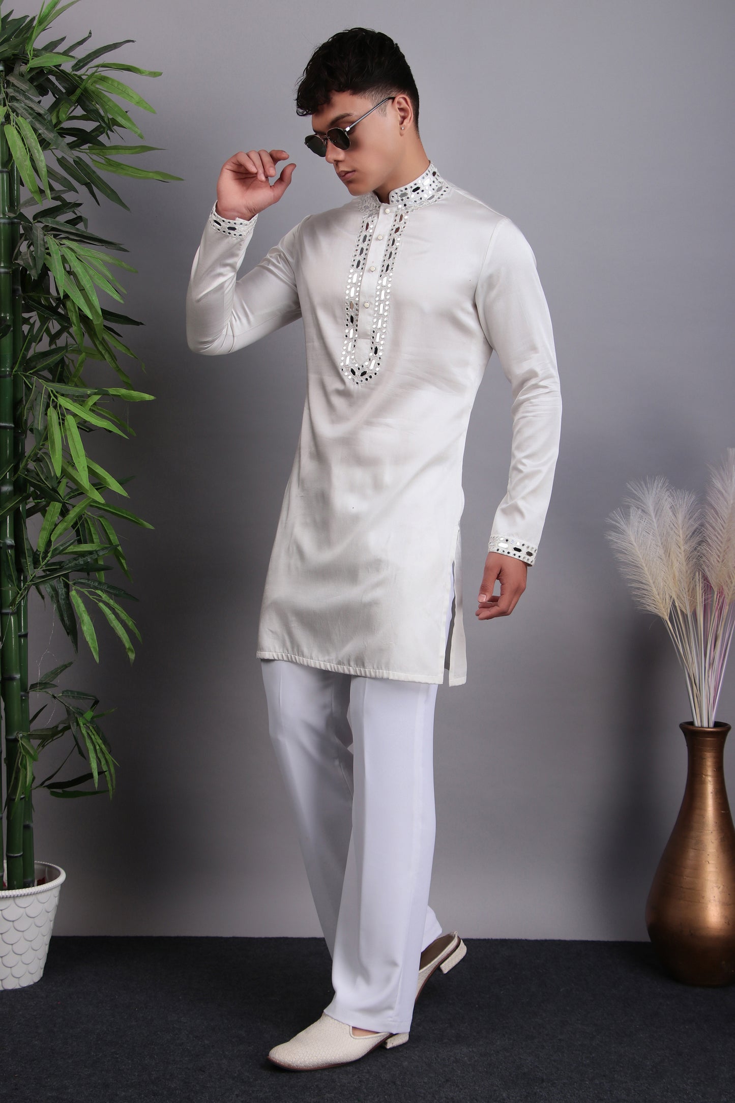 Detail view 6 - Men’s Kurta Set – Modal Satin in Blue with Tie and Dye & Silk Thread Embroidery