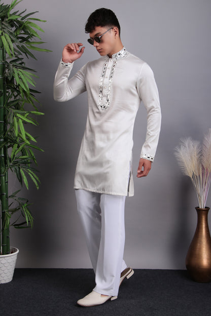 Men’s Kurta Set – Modal Satin in Blue with Tie and Dye & Silk Thread Embroidery | One Man Show