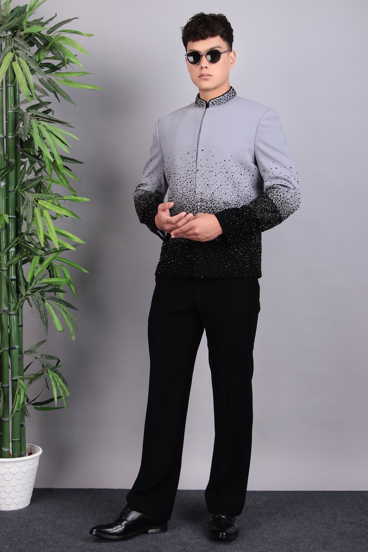 Detail view 1 - Men’s Bandhgala – Japanese Lycra in Grey with Ombre Style Embroidery