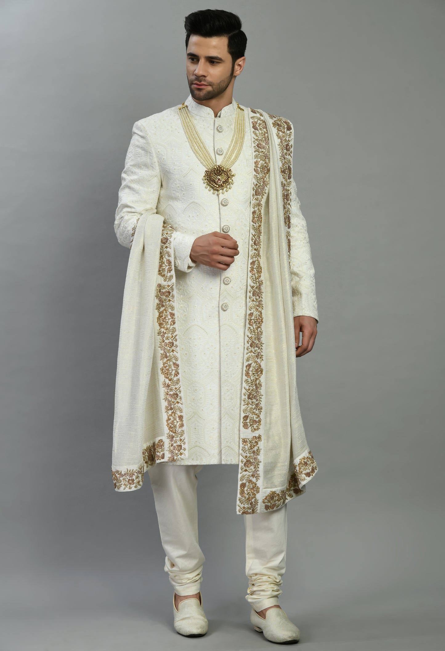 Men’s Sherwani – Silk in Ivory with Detailed Hand Embroidery Allover | One Man Show
