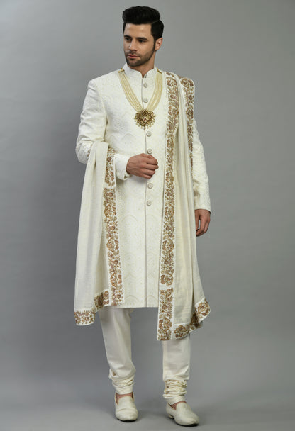 Men’s Sherwani – Silk in Ivory with Detailed Hand Embroidery Allover | One Man Show