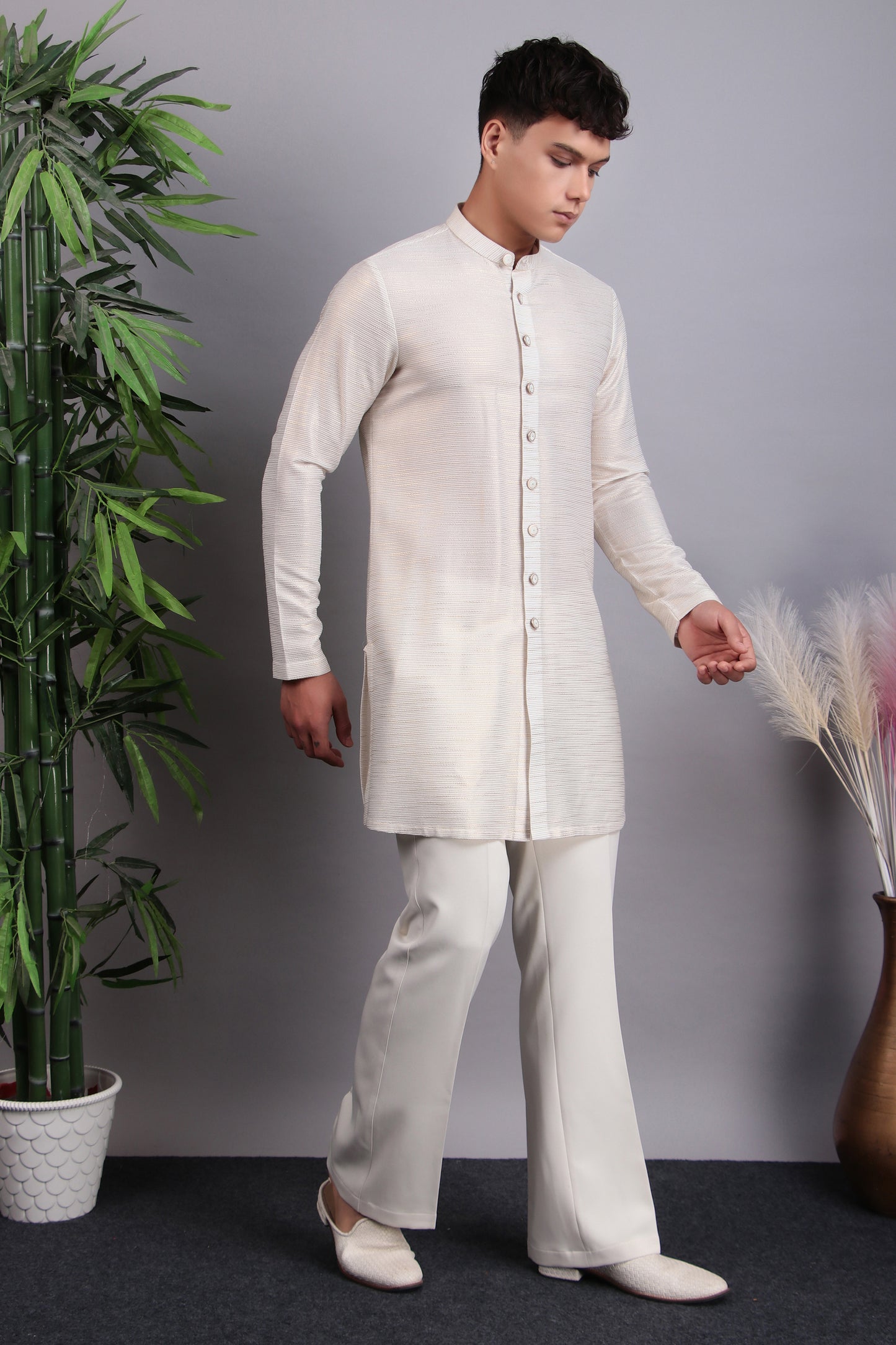 Detail view 5 - Men’s Indo-Western – Georgette Kurta in Ivory with Hand Embroidery