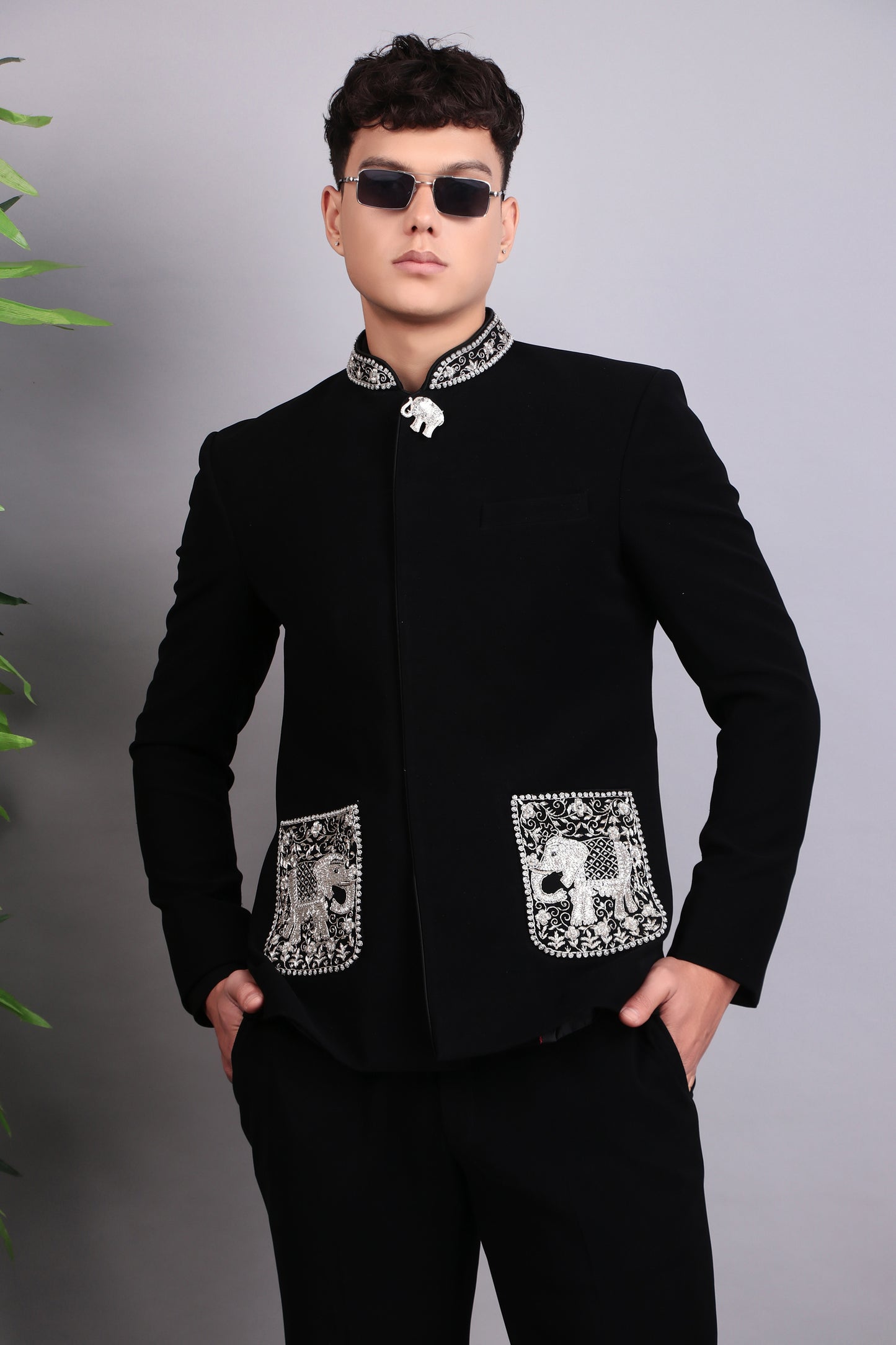 Back view - Men’s Bandhgala – Japanese Lycra in Black with Silver Silk Thread, Zari and Stones Embroidery