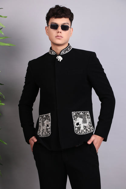 Men’s Bandhgala – Japanese Lycra in Black with Silver Silk Thread, Zari and Stones Embroidery | One Man Show