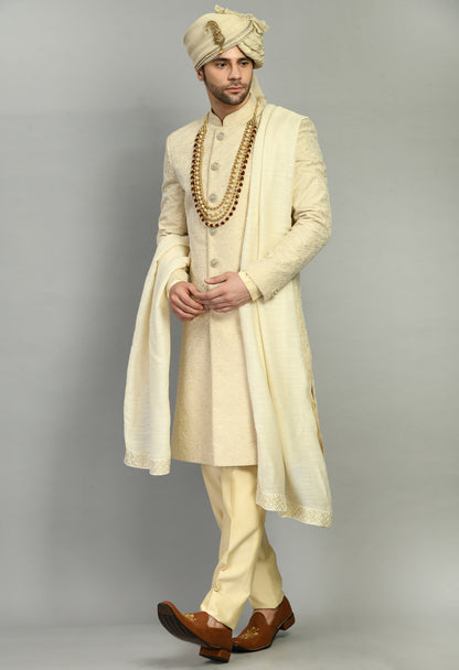 Men’s Sherwani – Silk in Cream with Detailed Hand Embroidery Allover | One Man Show