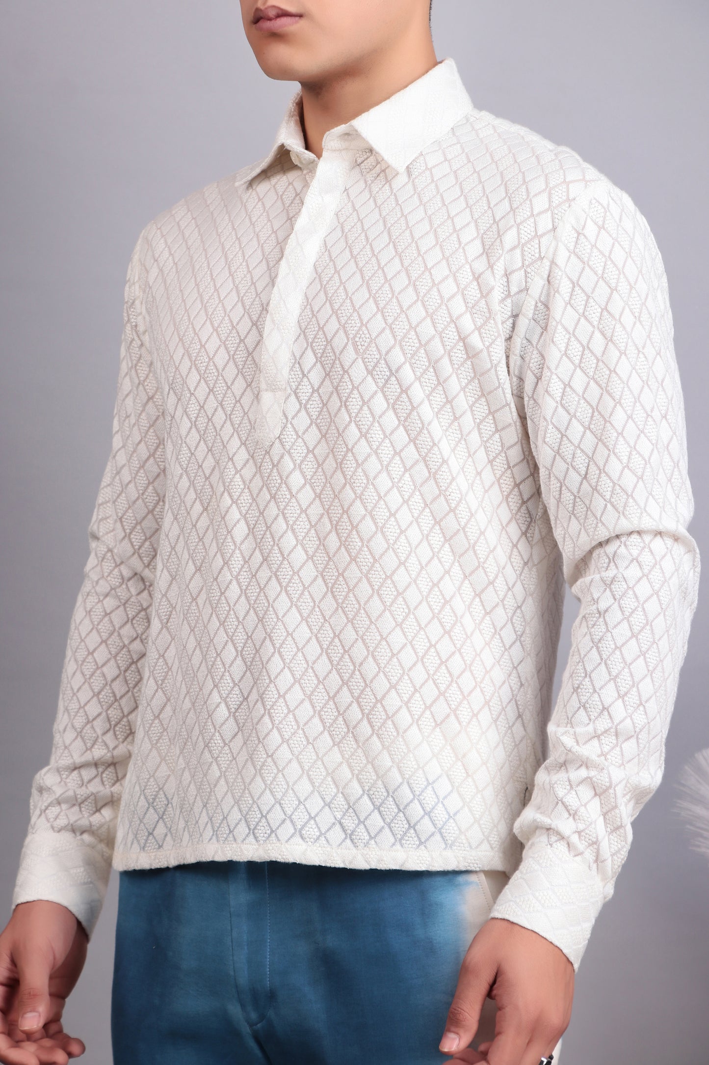 Detail view 3 - Men’s Kurta Set – Viscose Georgette in White with Tie Pants