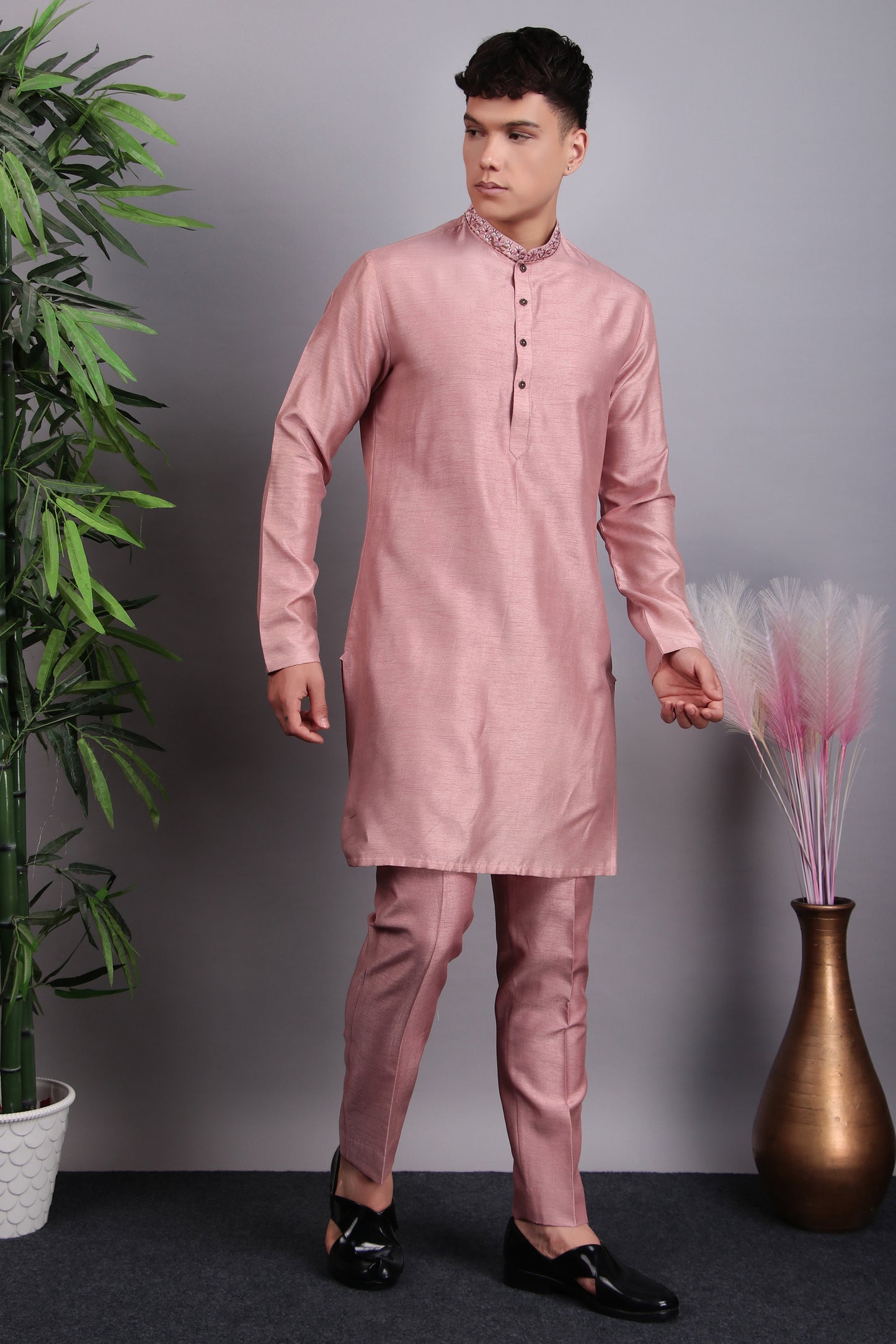 Front view - Men’s Kurta Set – Silk in Pink with Silk Thread Hand Embroidery