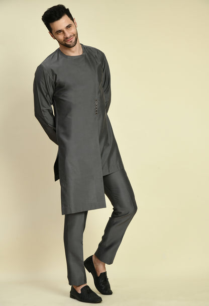 Men’s Kurta Set – Cotton Silk in Grey with Assymetric Hem and Front Overlap Design | One Man Show