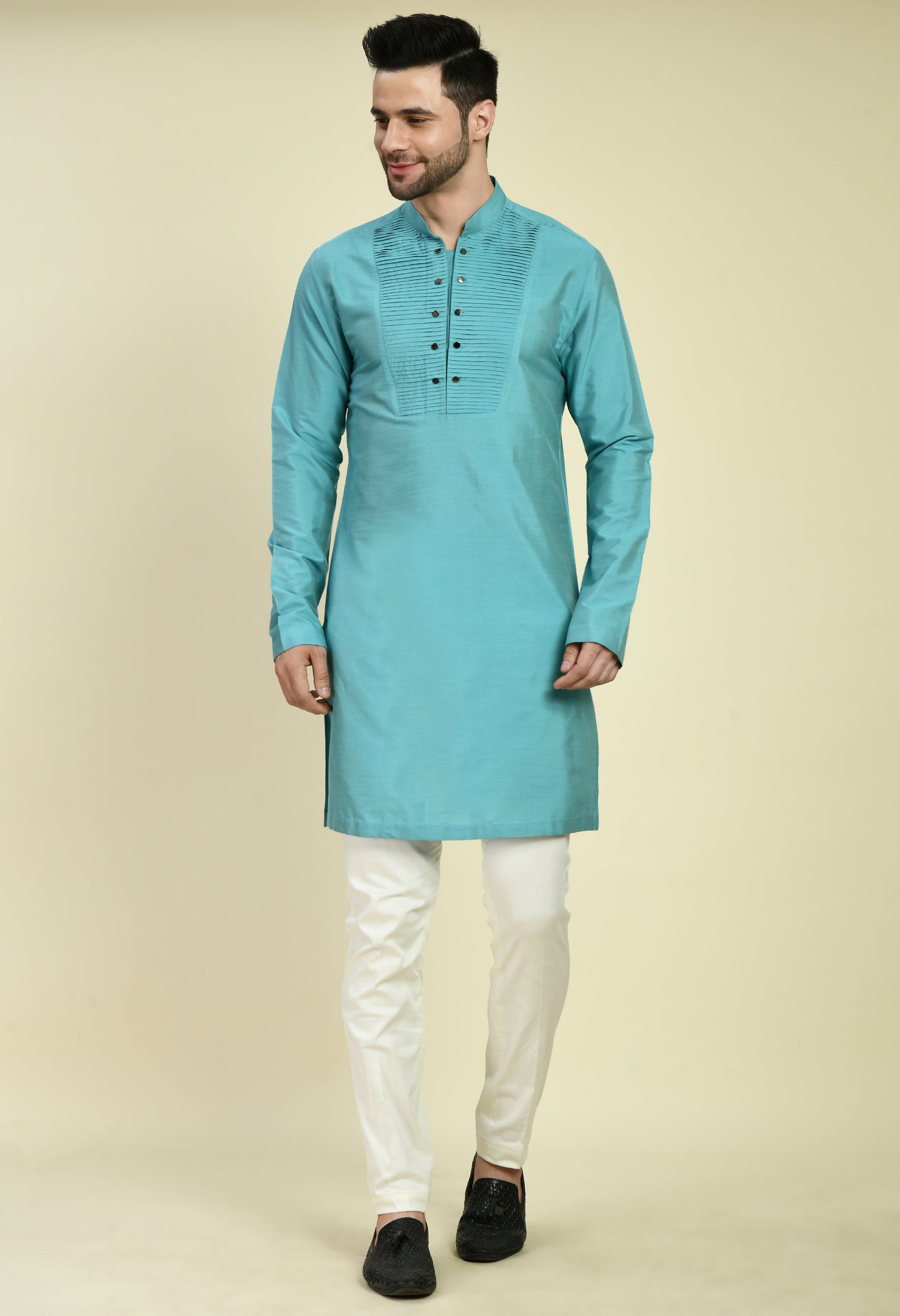 Front view - Men’s Nehru Jacket – Silk in Blue with Silk Jaquard Jacket
