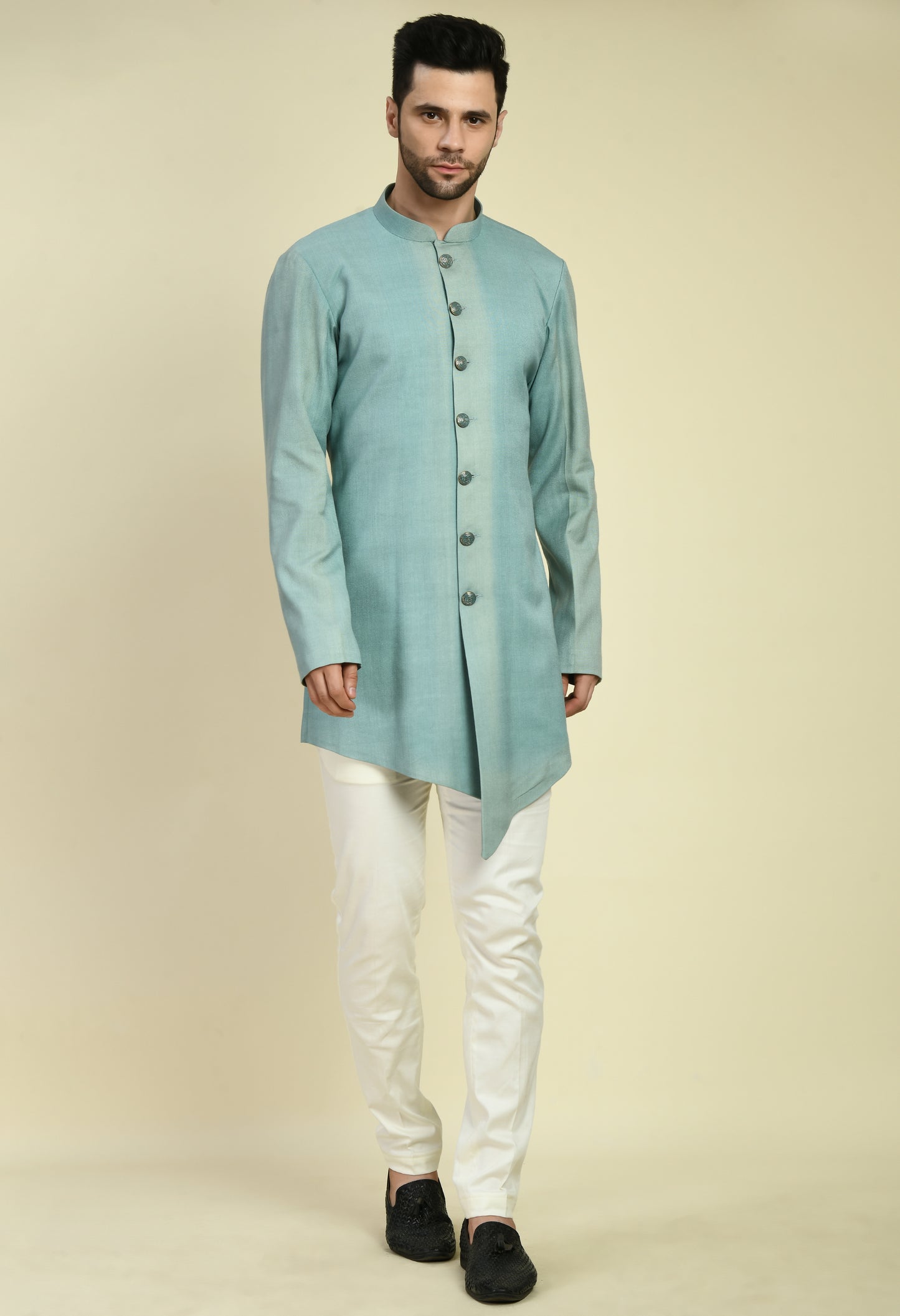 Front view - Men’s Nehru Jacket – Silk in Blue with Front Open Printed Jacket