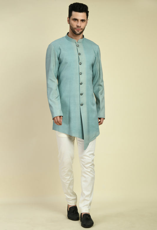 Front view - Men’s Nehru Jacket – Silk in Blue with Front Open Printed Jacket