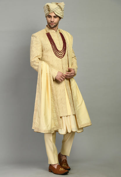 Men’s Sherwani – Silk in Beige with Detailed Hand Embroidery Allover | One Man Show