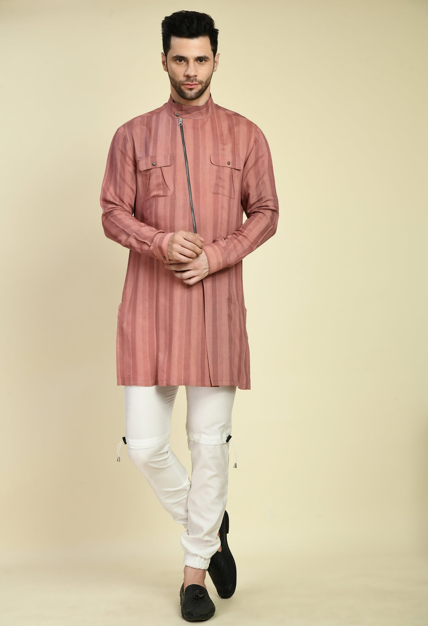 Front view - Men’s Nehru Jacket – Silk Jaquard in Pink with Assymetric Zipper Front