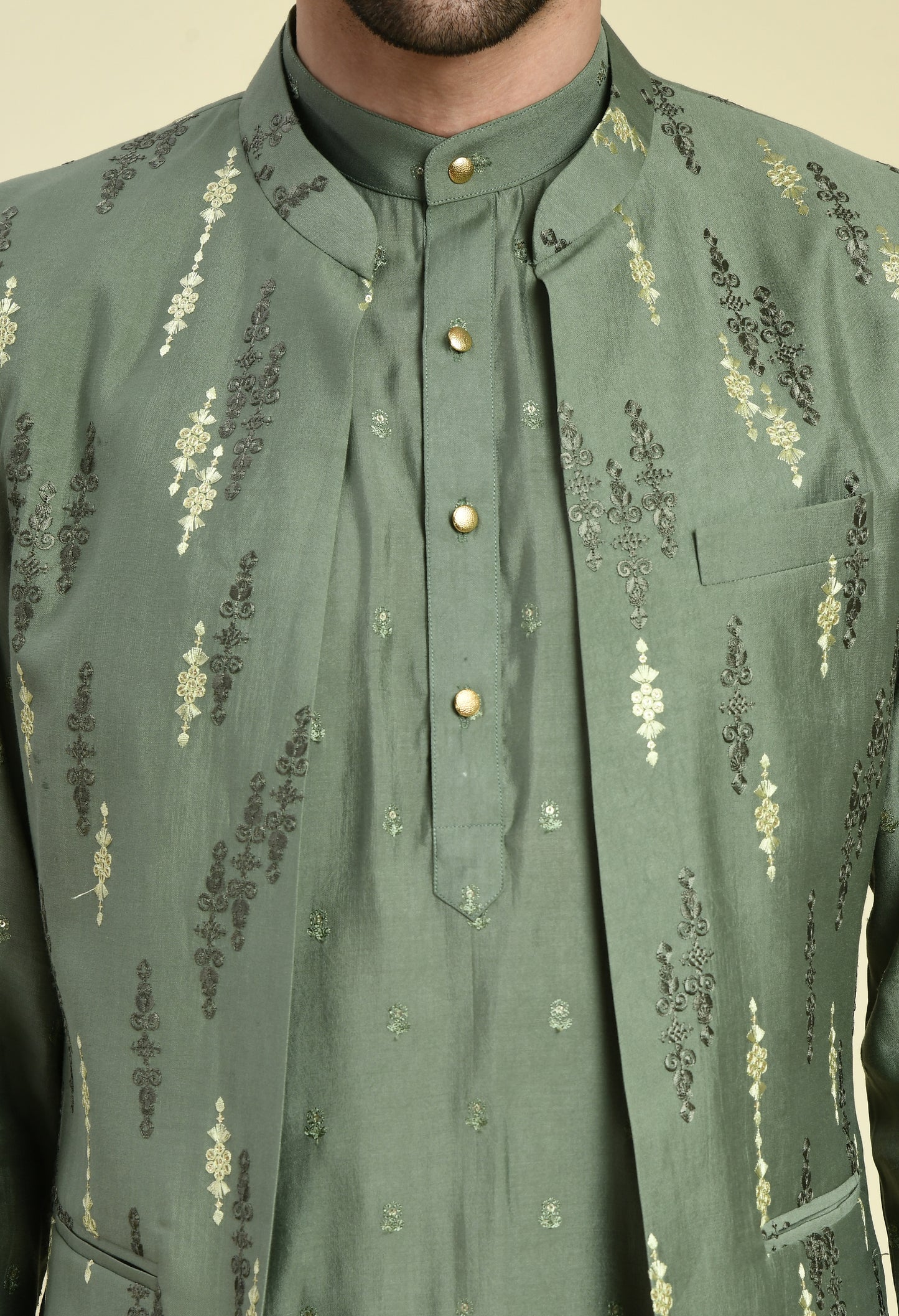 Side view - Men’s Nehru Jacket – Silk Modal in Green with Silk Thread Embroidery
