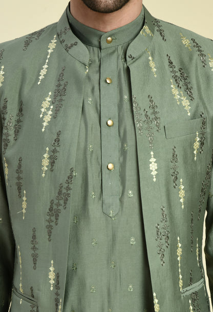 Men’s Nehru Jacket – Silk Modal in Green with Silk Thread Embroidery | One Man Show