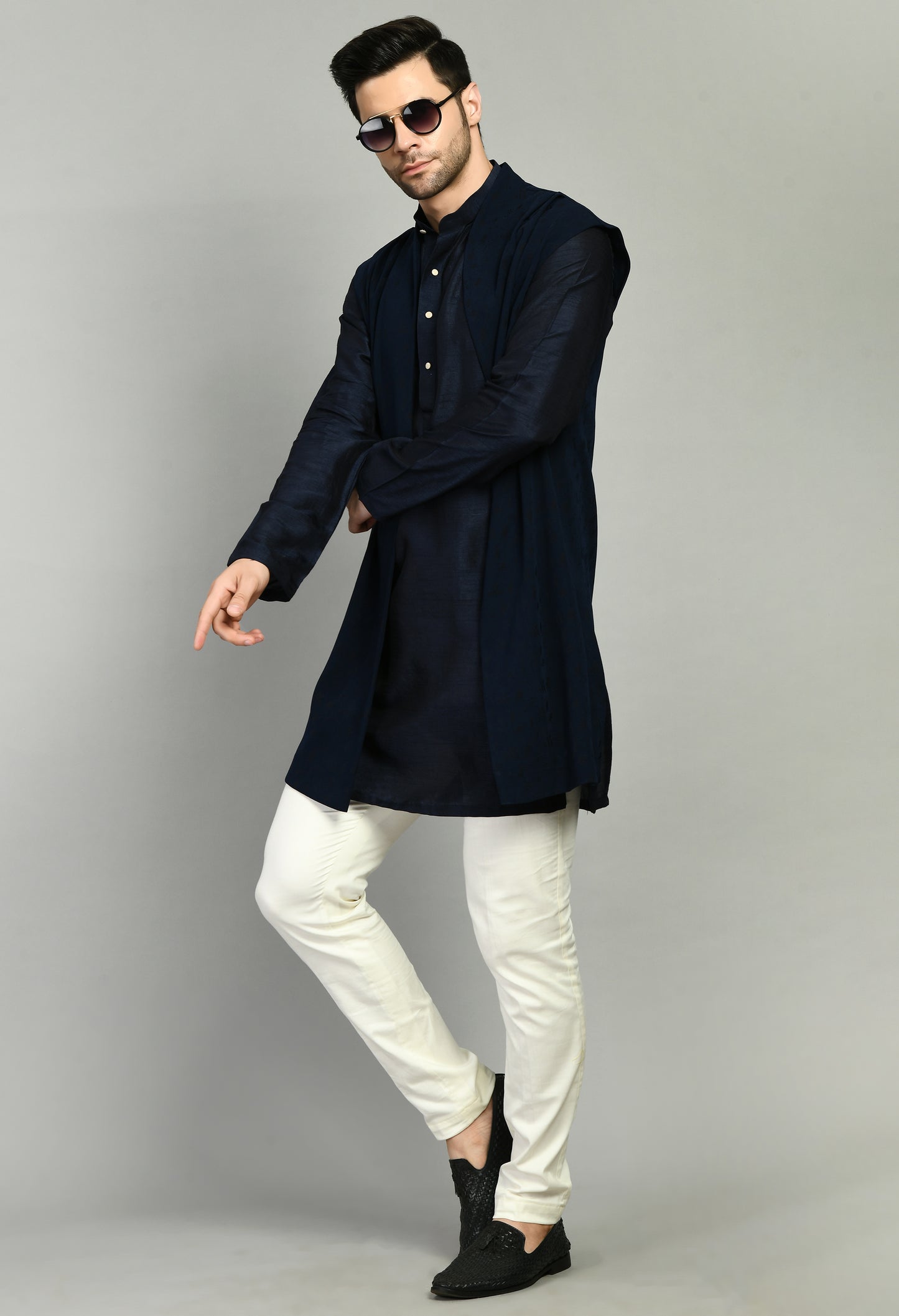 Detail view 1 - Men’s Nehru Jacket – Silk Modal in Navy Blue with Shurg Style Jacket