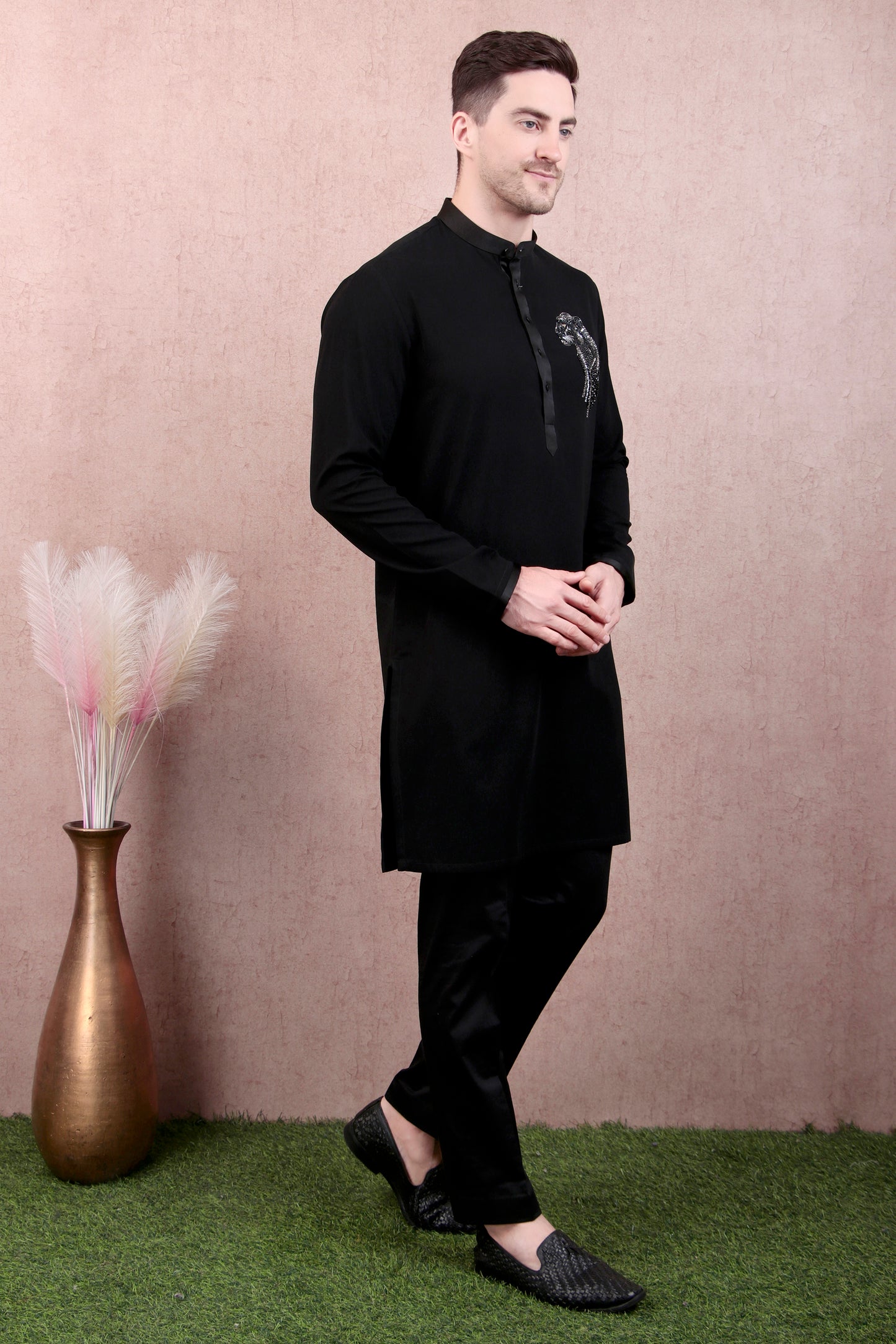 Detail view 2 - Men’s Kurta Set – Japanese Lycra in Black with Panther Motif Hand Embroidery