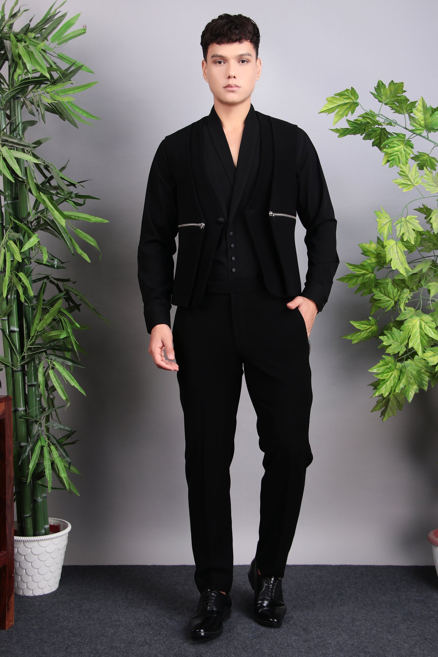 Front view - Men’s Tuxedo – Japanese Lycra in Black with Modern Front Zipper Jacket