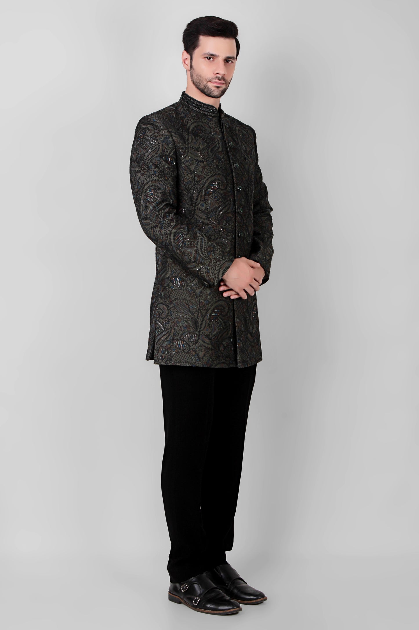 Side view - Men’s Indo-Western – Silk Top in Green with Dori and Silk Thread Embroidery