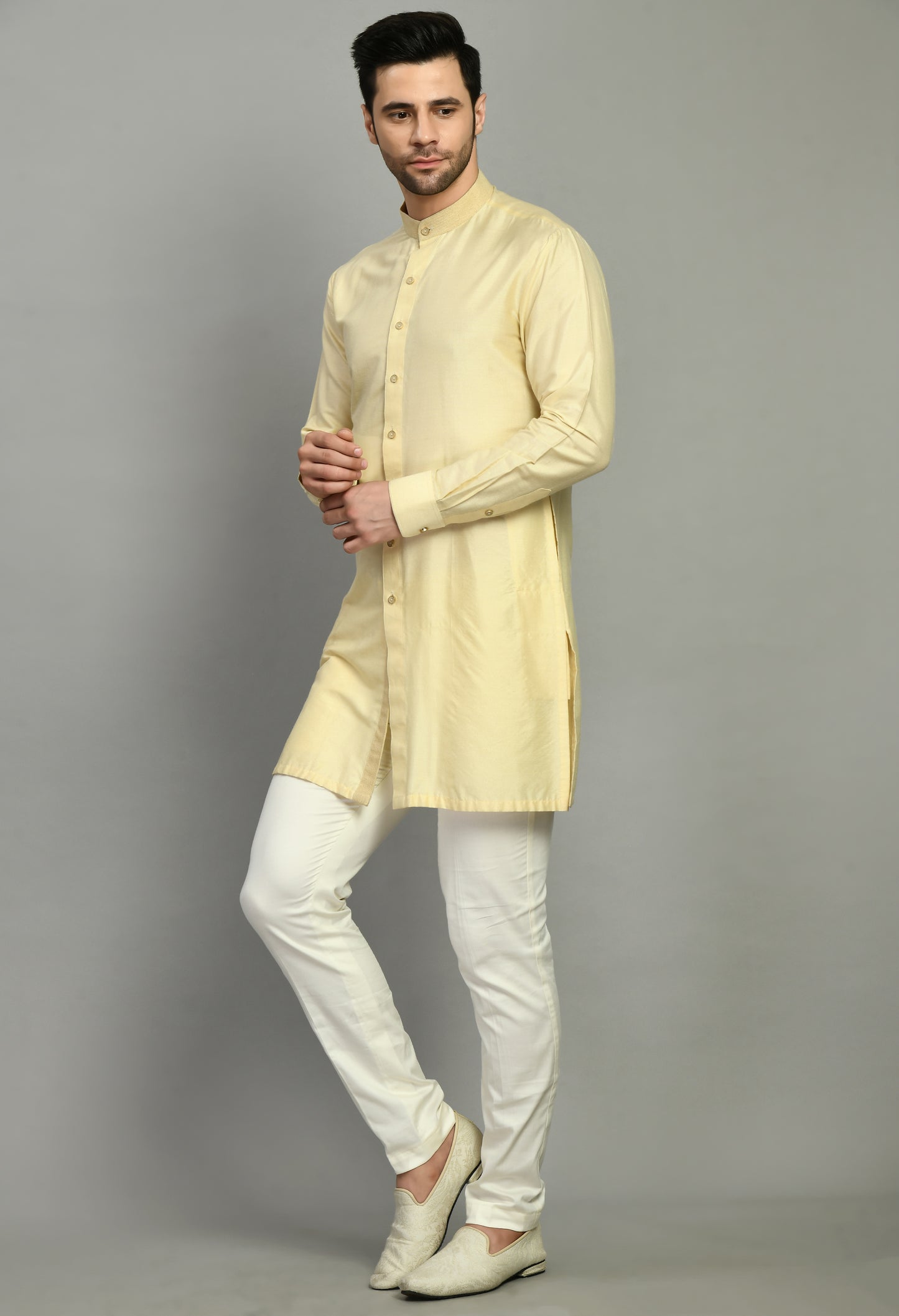 Side view - Men’s Kurta Set – Modal Satin in Cream with Embroidery Border Stoll