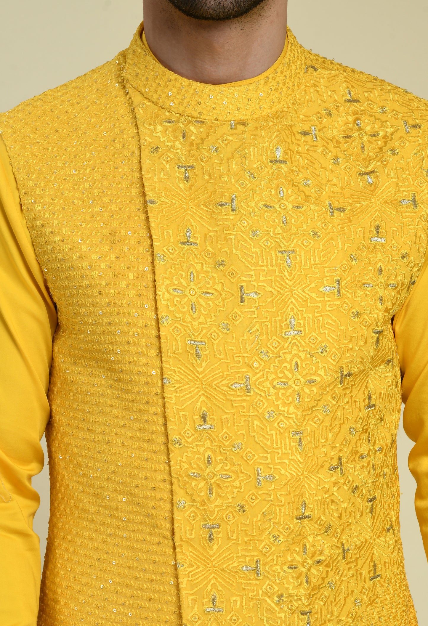 Side view - Men’s Kurta Set – Jaquard Poly Blend in Black with Abstract Cut and Lapel Style Front