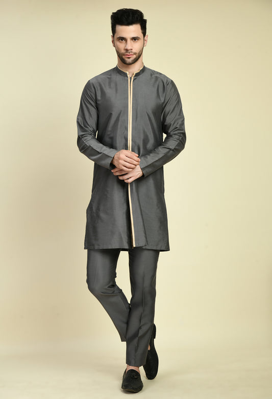 Front view - Men’s Nehru Jacket – Silk in Grey with Silk Jaquard Detail