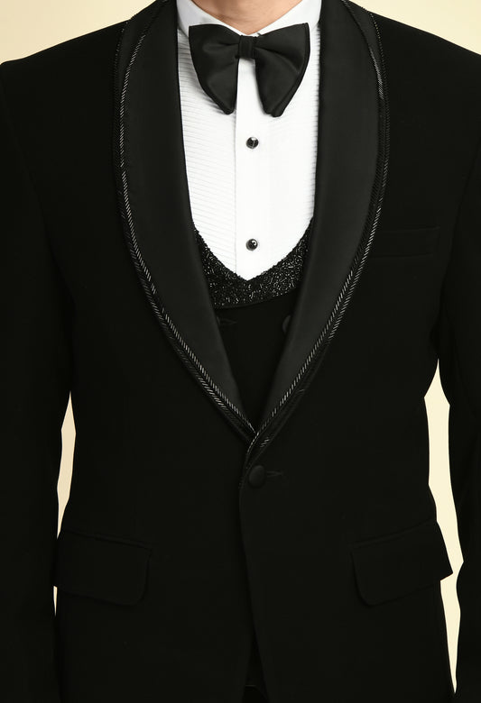 Front view - Men’s Tuxedo – Japanese Lycra in Black with Glass Beads Work on Double Lapel Design