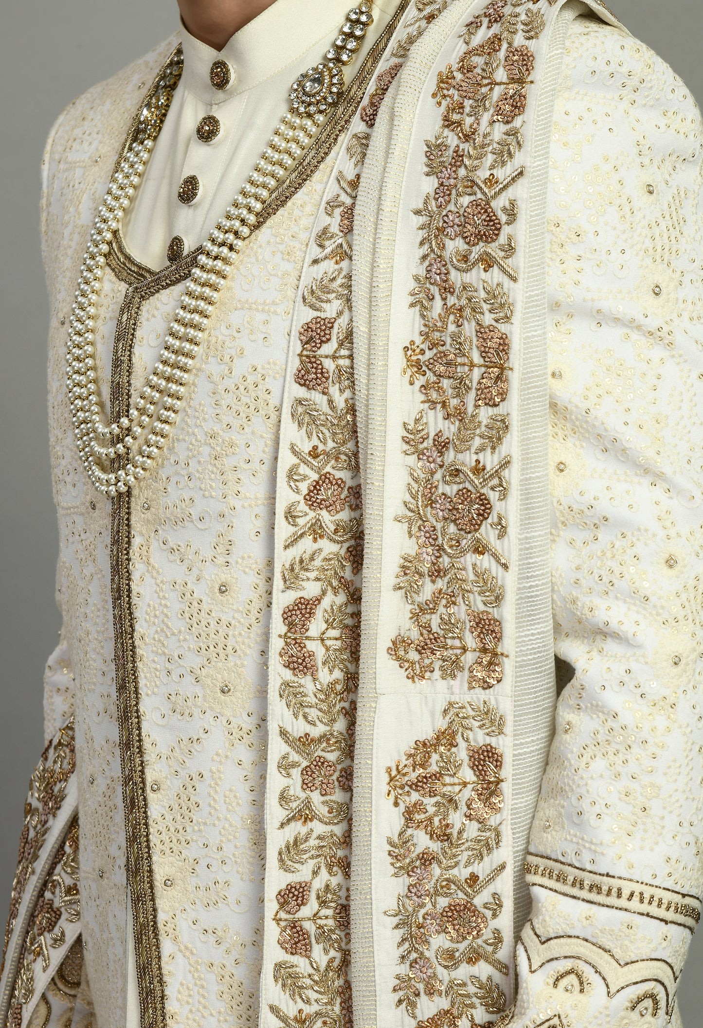 Detail view 1 - Men’s Sherwani – Silk in Ivory with Detailed Hand Embroidery Allover