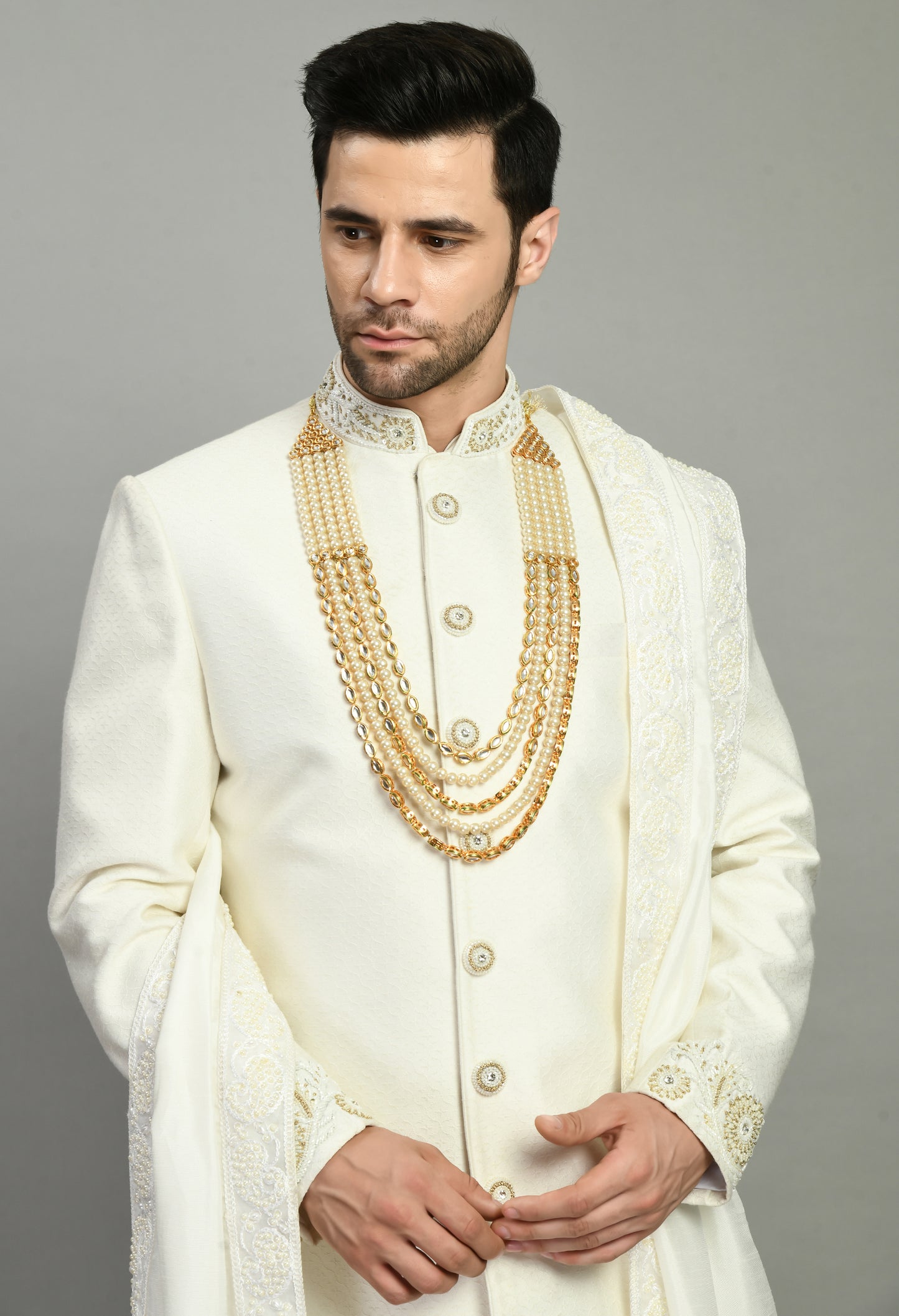 Detail view 1 - Men’s Sherwani – Silk in Ivory with Detailed Hand Embroidery