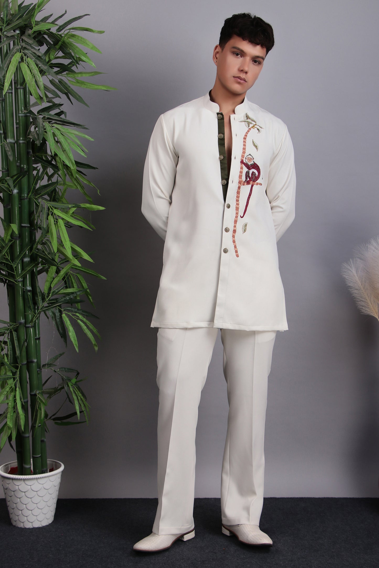 Front view - Men’s Kurta Set – Korean Wrinkle-Free in Cream with Glass Beads & Silk Thread Embroidery