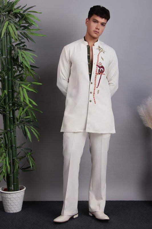 Front view - Men’s Kurta Set – Korean Wrinkle-Free in Cream with Glass Beads & Silk Thread Embroidery