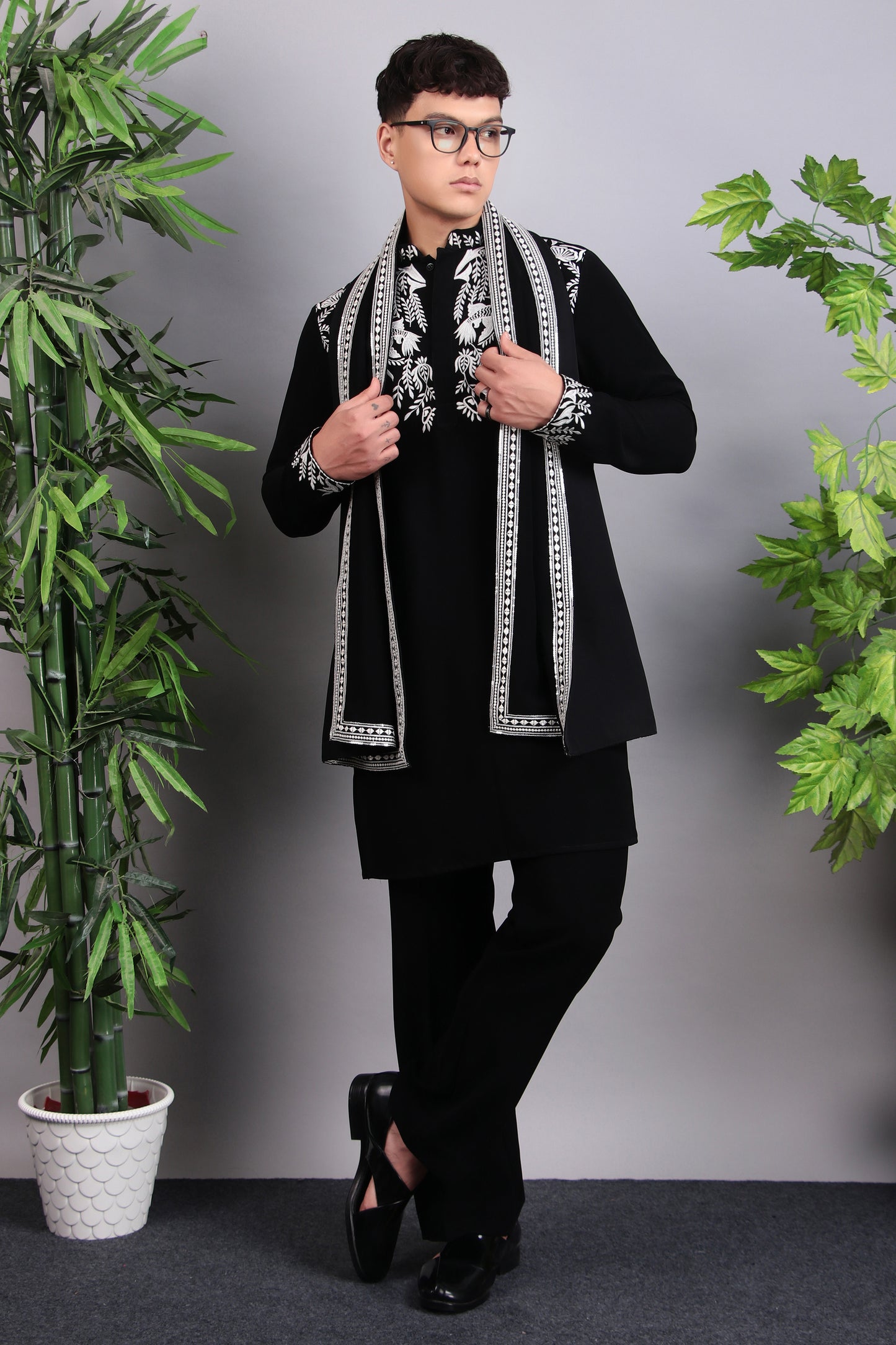 Front view - Men’s Kurta Set – Korean Wrinkle Free in Black with Silk Thread Embroidery