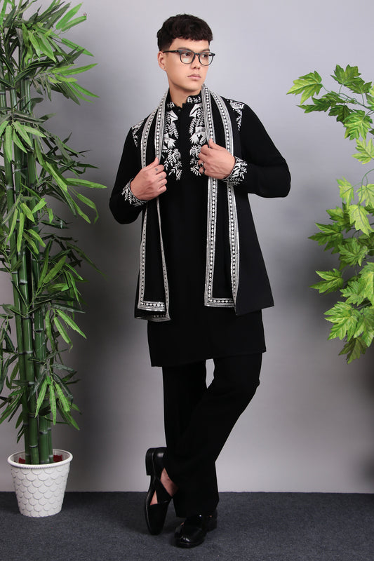 Men’s Kurta Set – Korean Wrinkle Free in Black with Silk Thread Embroidery | One Man Show