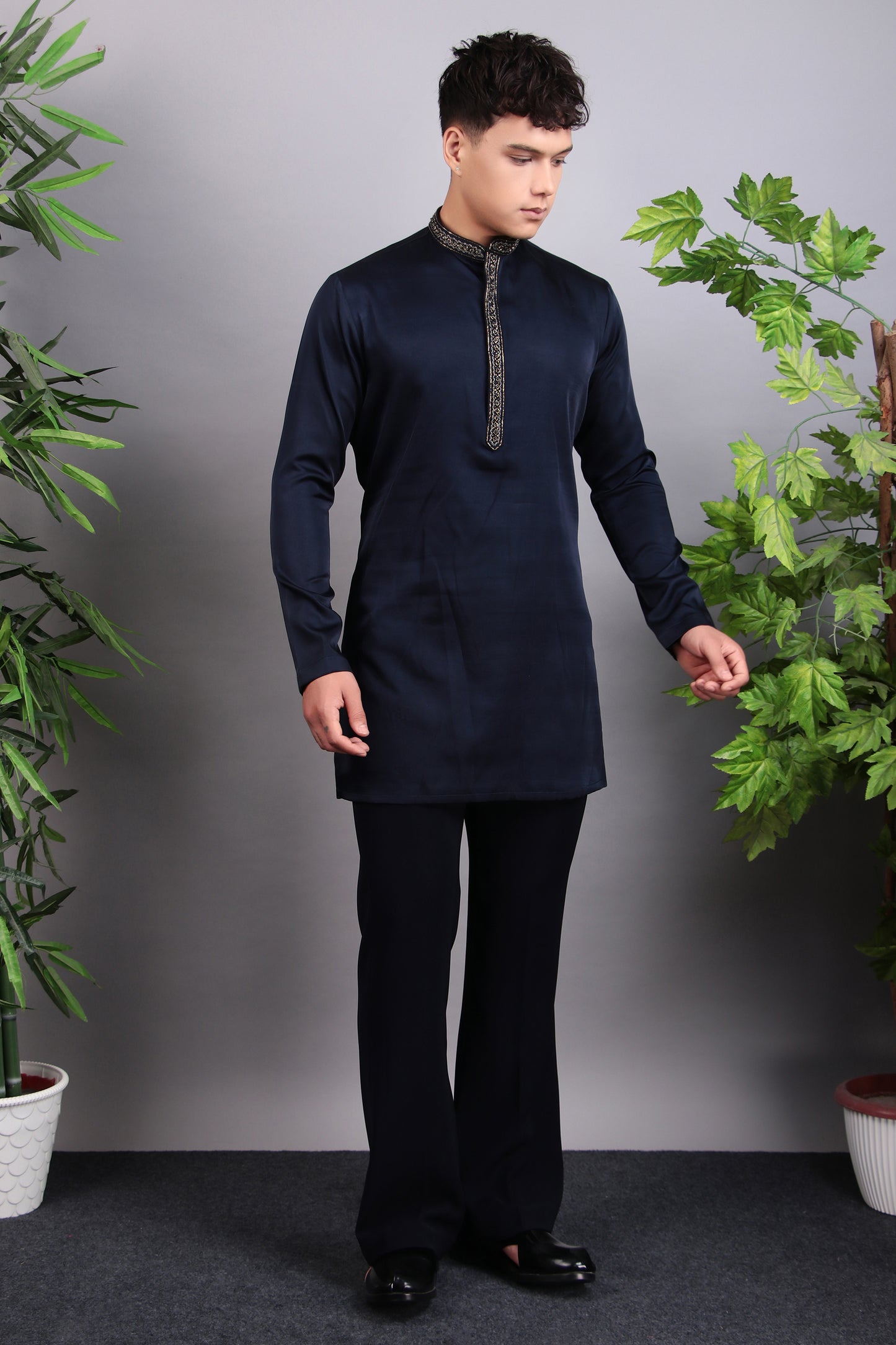 Detail view 5 - Men’s Indo-Western – Silk Embroidered Fabric in Blue with Floral Hand Embroidery
