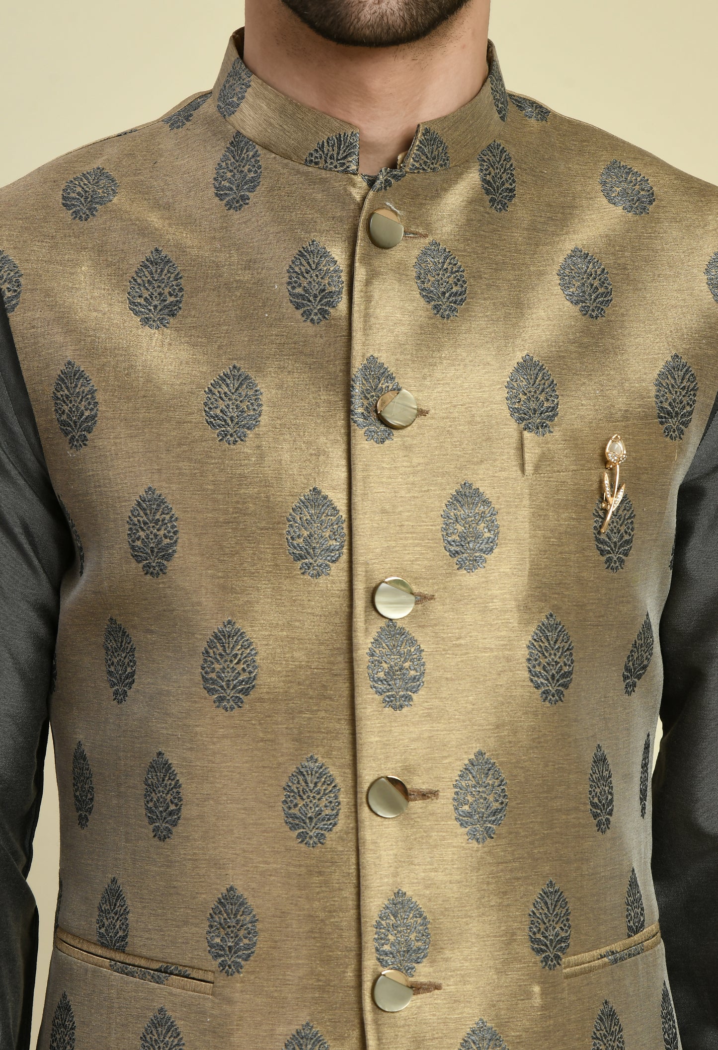 Detail view 1 - Men’s Nehru Jacket – Silk in Grey with Silk Jaquard Detail