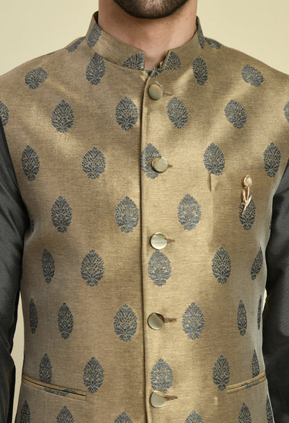 Men’s Nehru Jacket – Silk in Grey with Silk Jaquard Detail | One Man Show