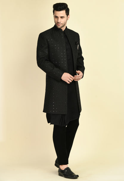 Men’s Indo-Western – Silk Georgette in Black with Front Open Self Sequins Embroidery | One Man Show