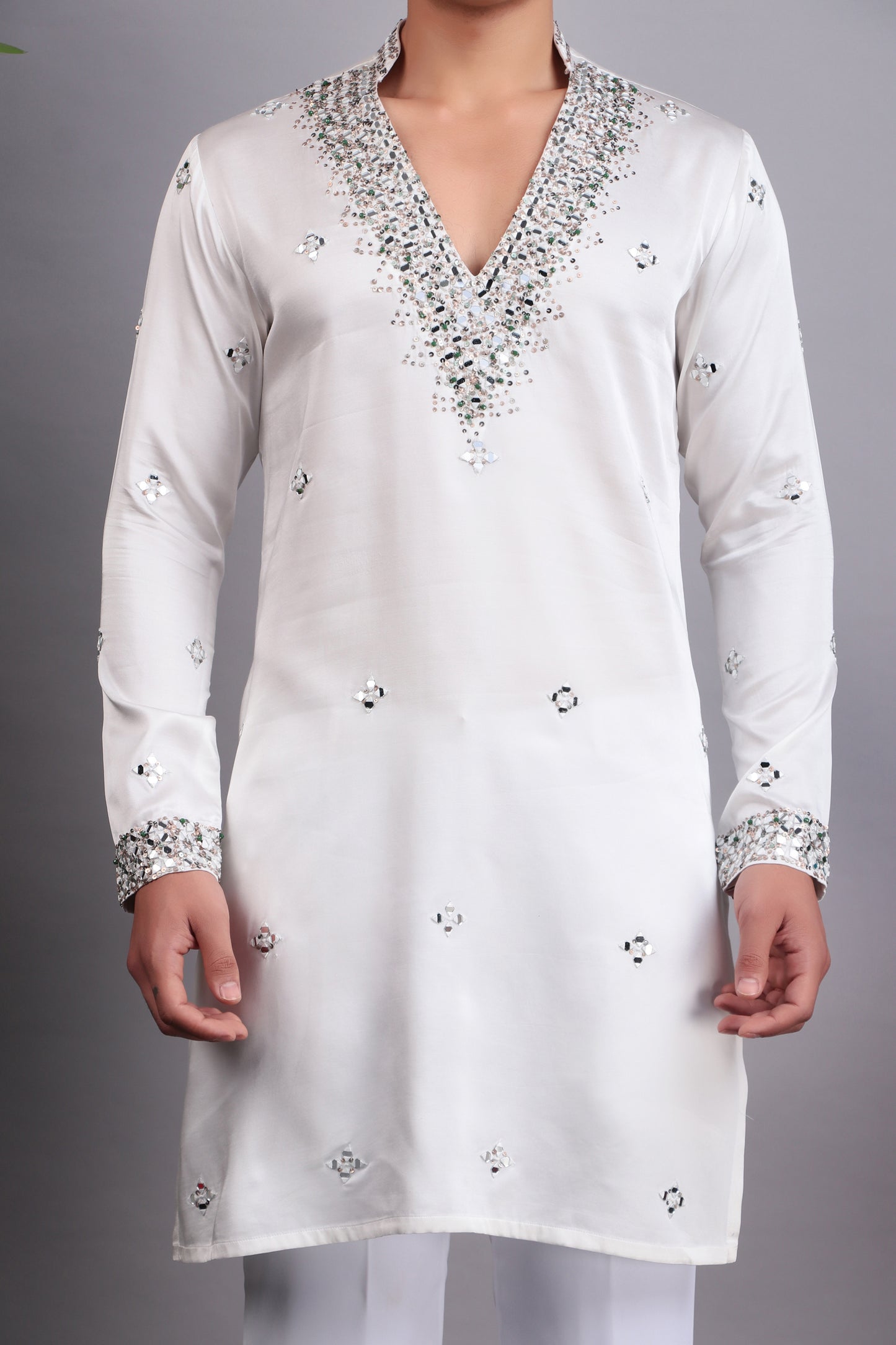 Detail view 2 - Men’s Kurta Set – Modal Satin in White with Brads, Stone and Mirror Embroidery