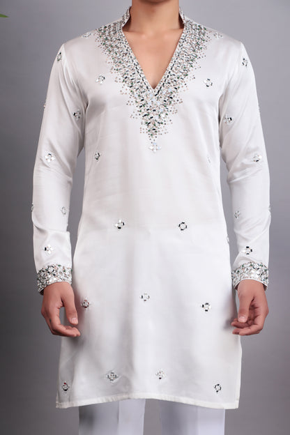 Men’s Kurta Set – Modal Satin in White with Brads, Stone and Mirror Embroidery | One Man Show