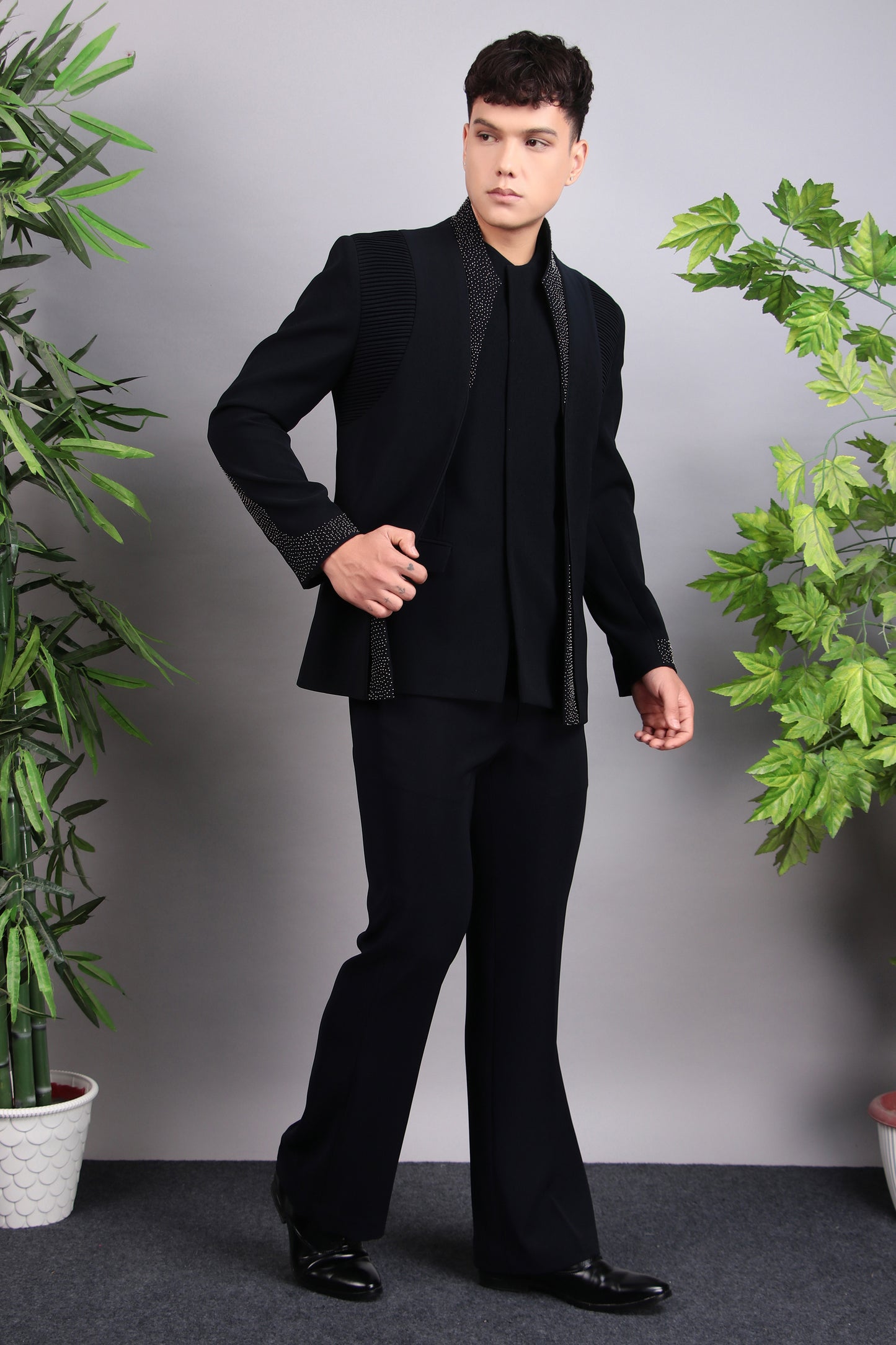 Front view - Men’s Bandhgala – Japanese Lycra in Midnight Blue with Pintex & Beads Embroidery