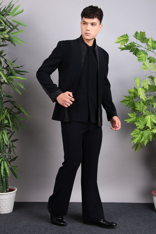 Front view - Men’s Bandhgala – Japanese Lycra in Midnight Blue with Pintex & Beads Embroidery