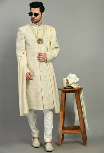 Men’s Sherwani – Silk in Cream with Detailed Hand Embroidery Allover | One Man Show