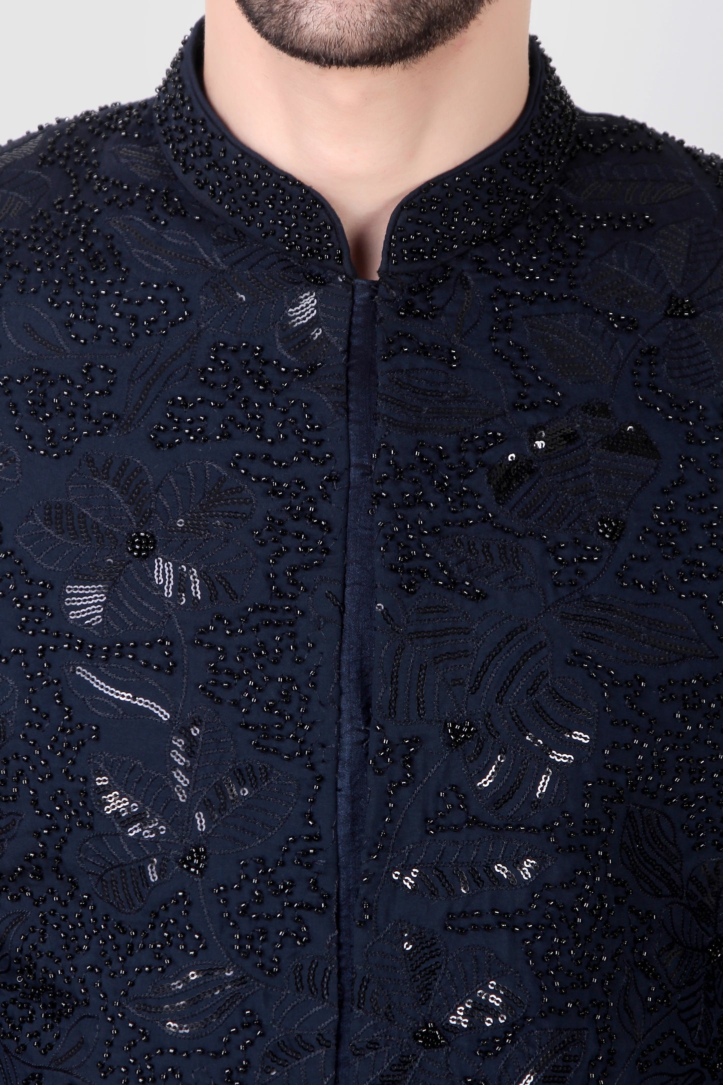 Detail view 2 - Men’s Indo-Western – Silk Georgette in Navy Blue with Beads and Sequins Embroidery