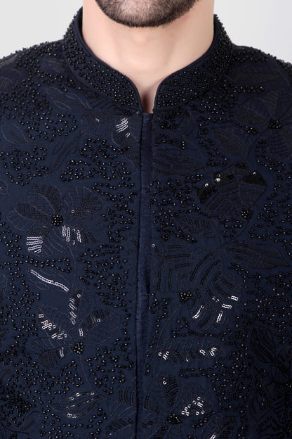 Men’s Indo-Western – Silk Georgette in Navy Blue with Beads and Sequins Embroidery | One Man Show