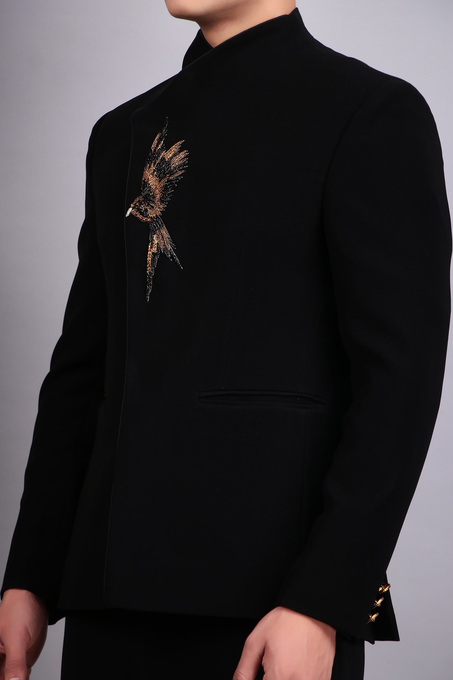 Detail view 4 - Men’s Bandhgala – Japanese Lycra in Black with Assymetric Front Cut and Bird Motif Embroidery