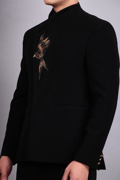 Men’s Bandhgala – Japanese Lycra in Black with Assymetric Front Cut and Bird Motif Embroidery | One Man Show