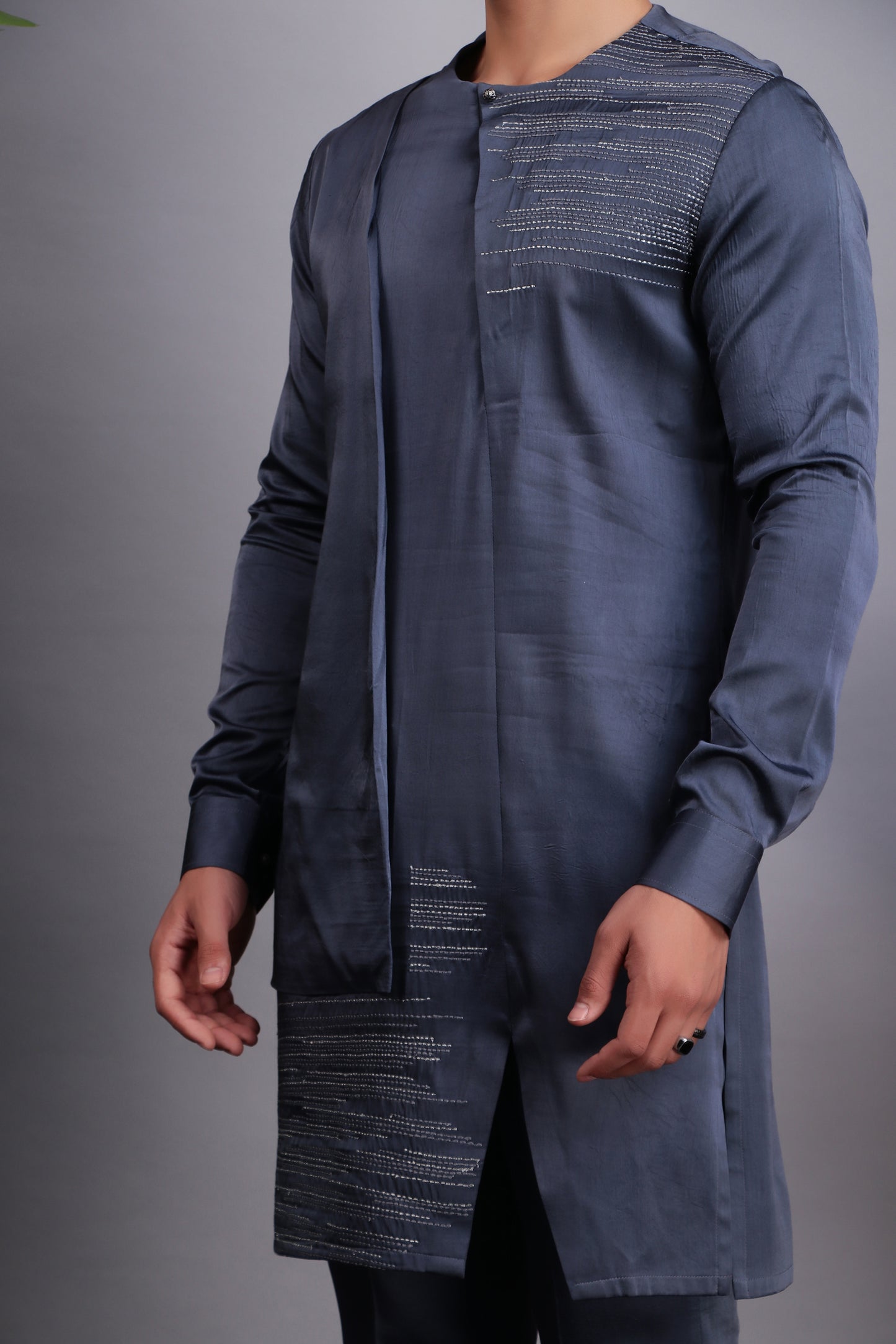 Detail view 2 - Men’s Kurta Set – Modal Satin in Grey with Silk Thread Embroidery & Asymmetric Cut