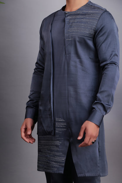 Men’s Kurta Set – Modal Satin in Grey with Silk Thread Embroidery & Asymmetric Cut | One Man Show