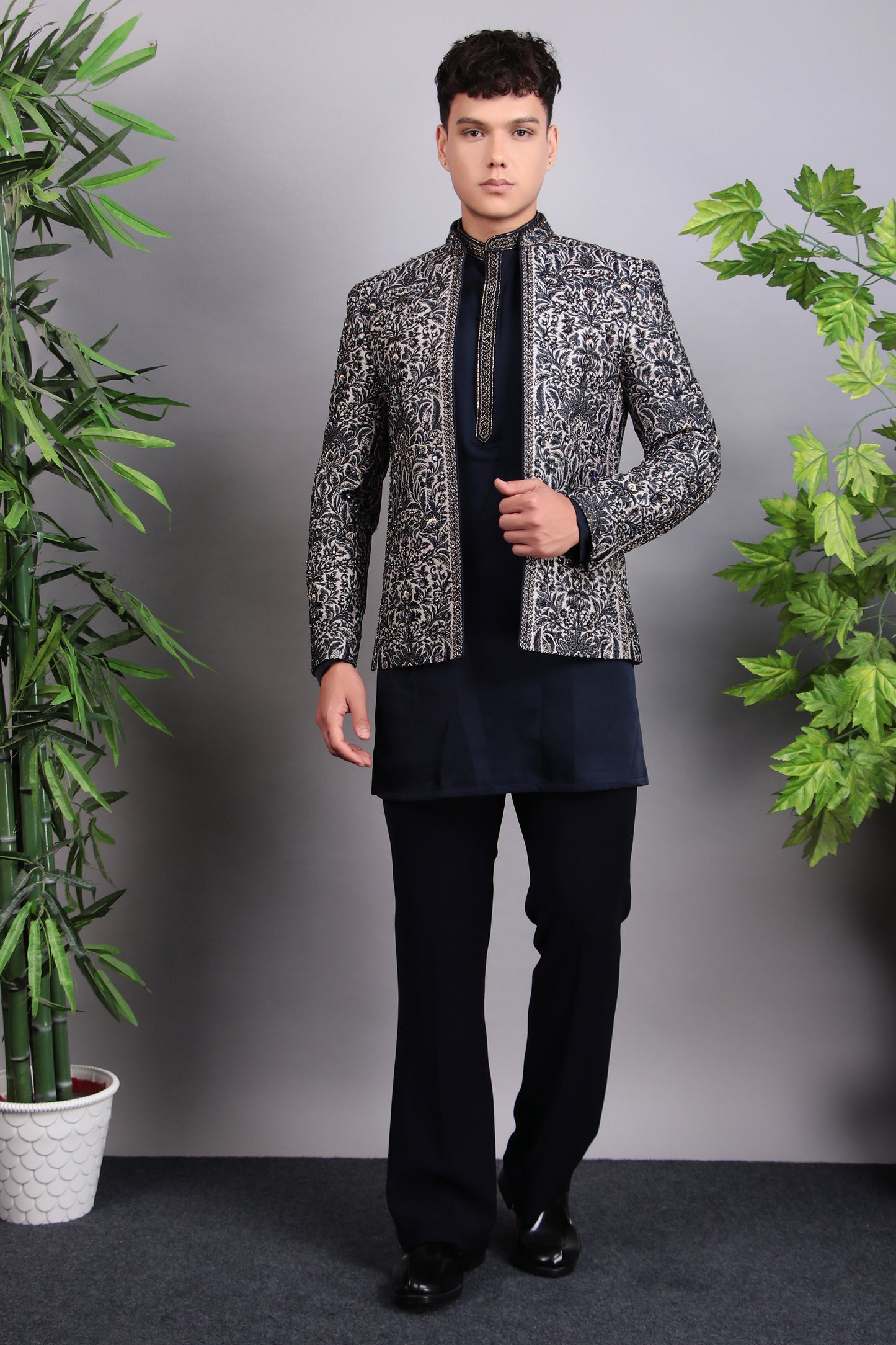 Front view - Men’s Indo-Western – Silk Embroidered Fabric in Blue with Floral Hand Embroidery