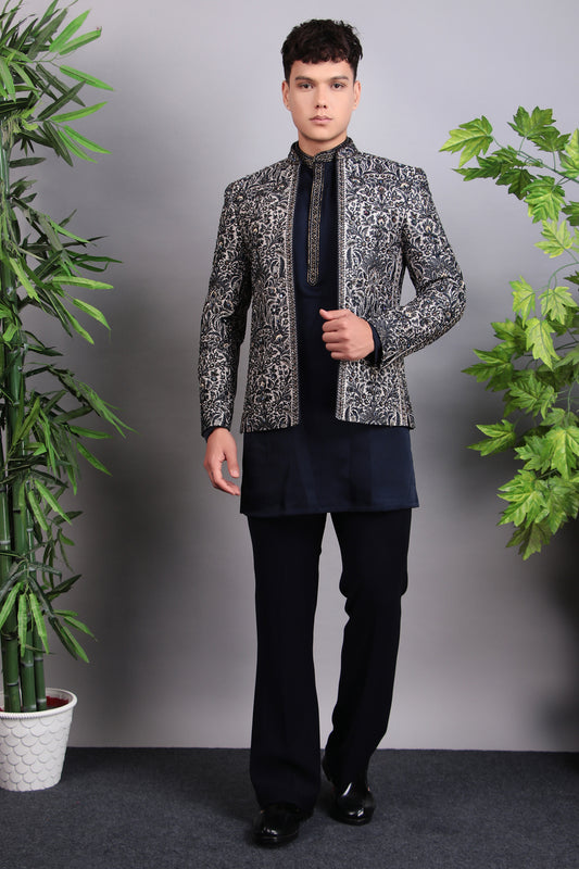 Men’s Indo-Western – Silk Embroidered Fabric in Blue with Floral Hand Embroidery | One Man Show